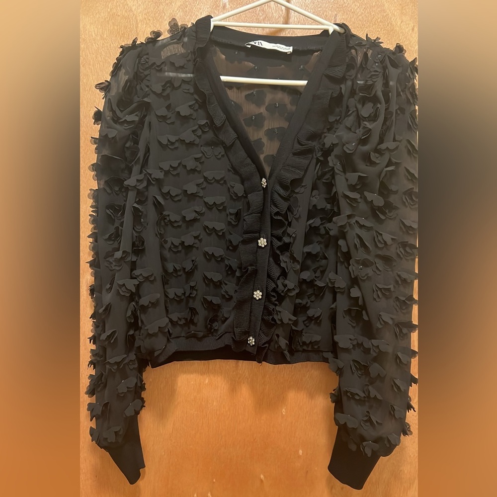 ZARA Black Ruffled Sheer Cardigan